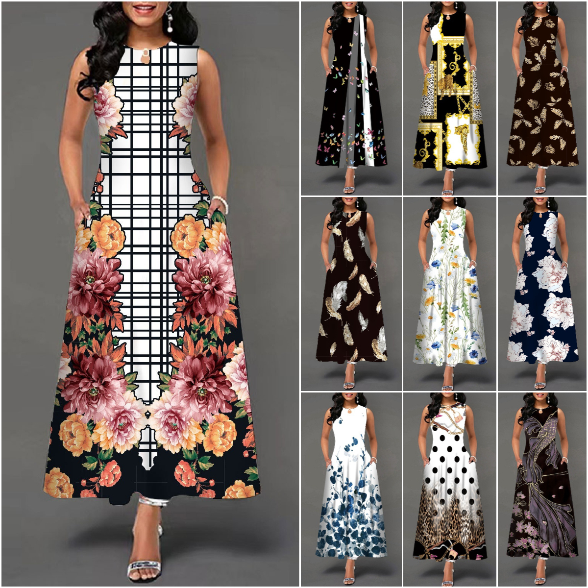 Summer Long Floral Print Pocket Waist Dress