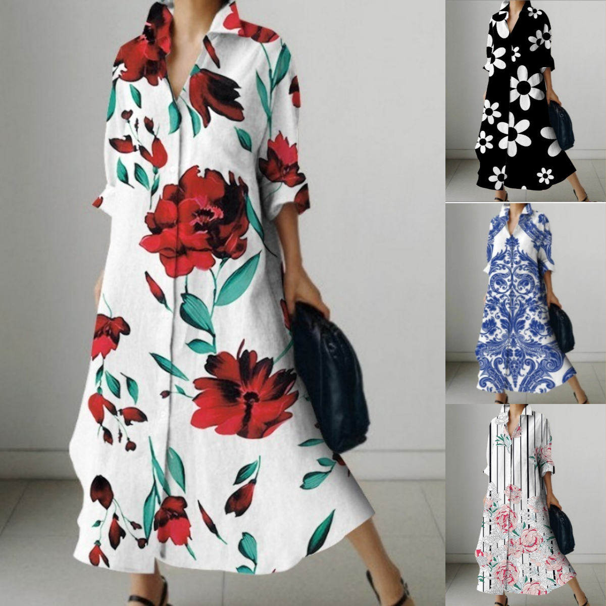 Plus Size 3d print shirt collar midi skirt