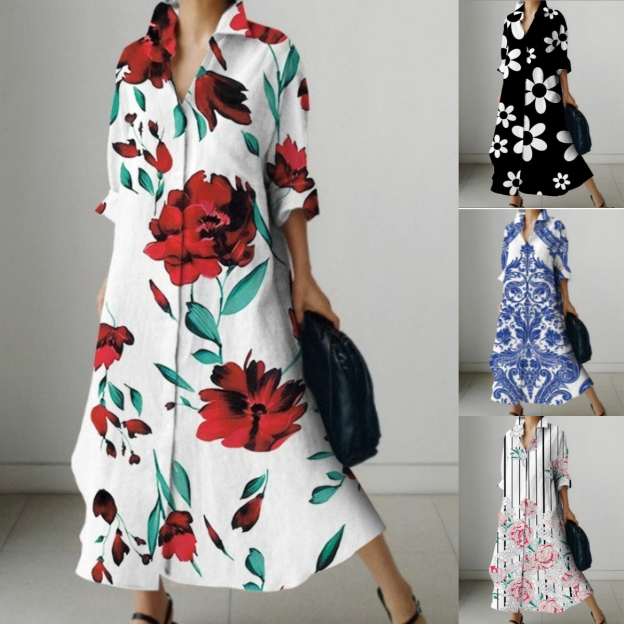 Plus Size 3d print shirt collar midi skirt