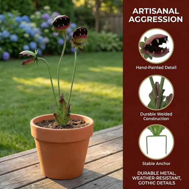 Whimsical Metal Venus Flytrap Garden Stake – Handcrafted Outdoor Carnivorous Plant Decor – Unique Gardening Gift