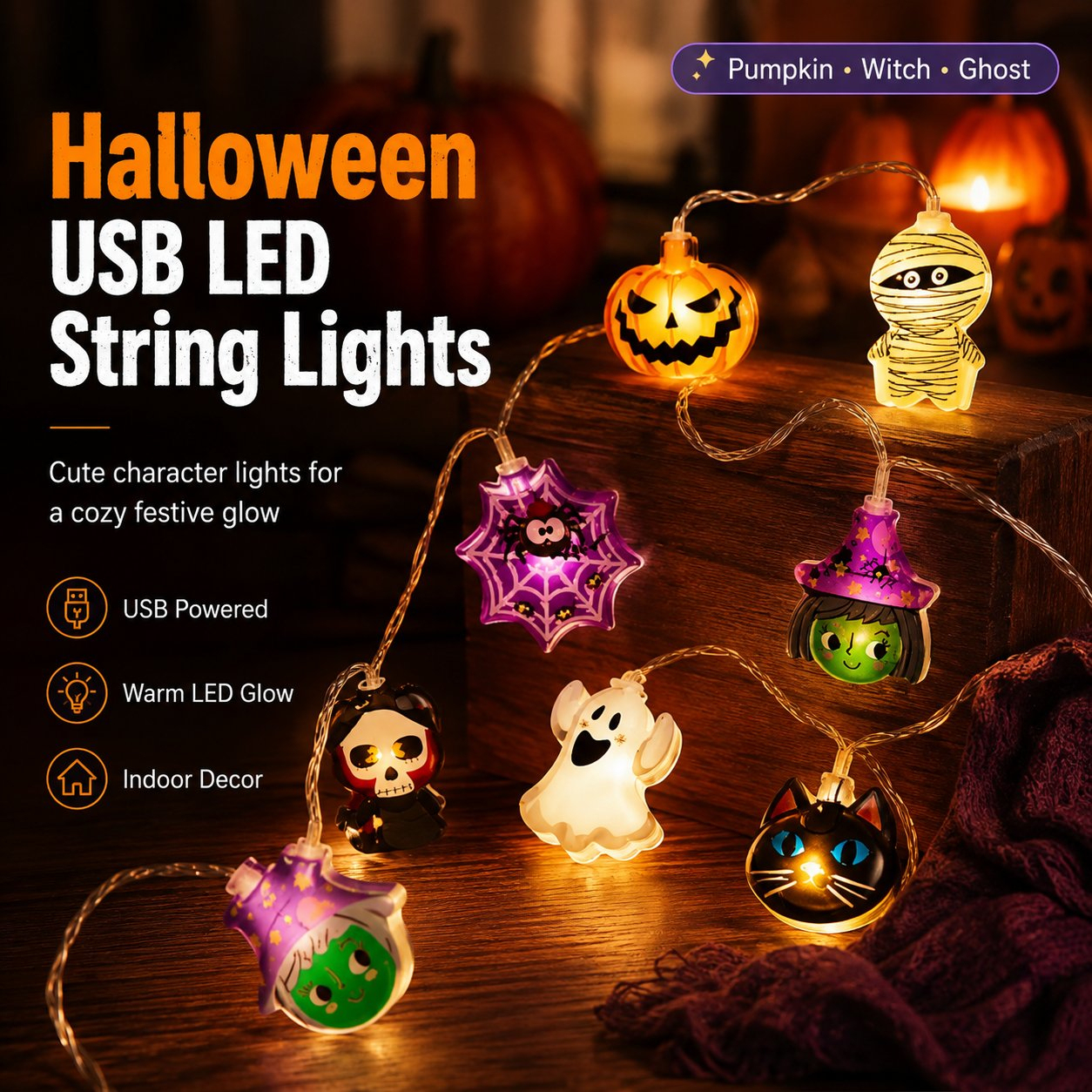 USB Pumpkin, Witch & Ghost LED String Lights