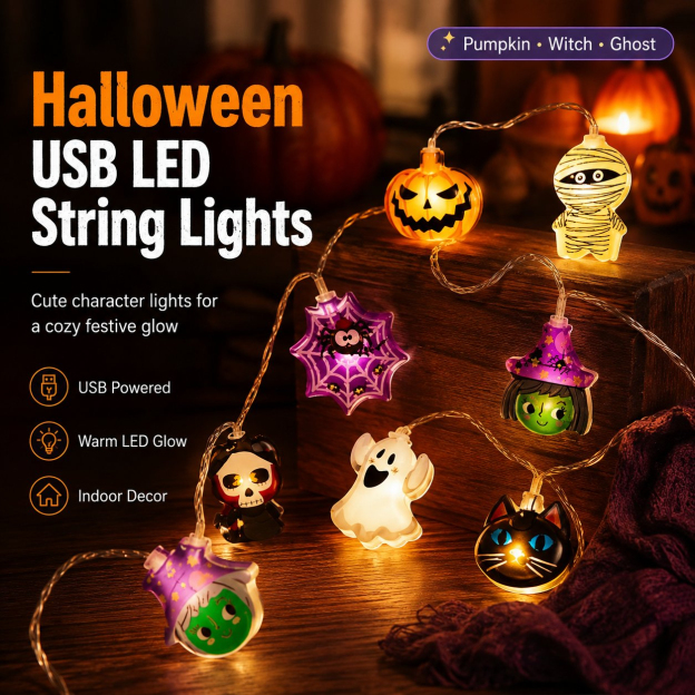 USB Pumpkin, Witch & Ghost LED String Lights