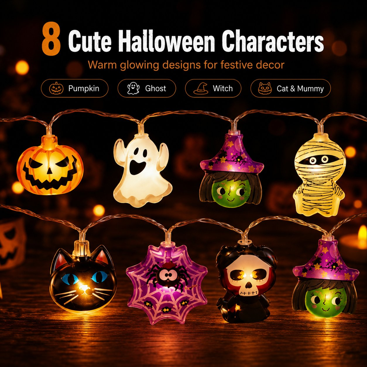 USB Pumpkin, Witch & Ghost LED String Lights