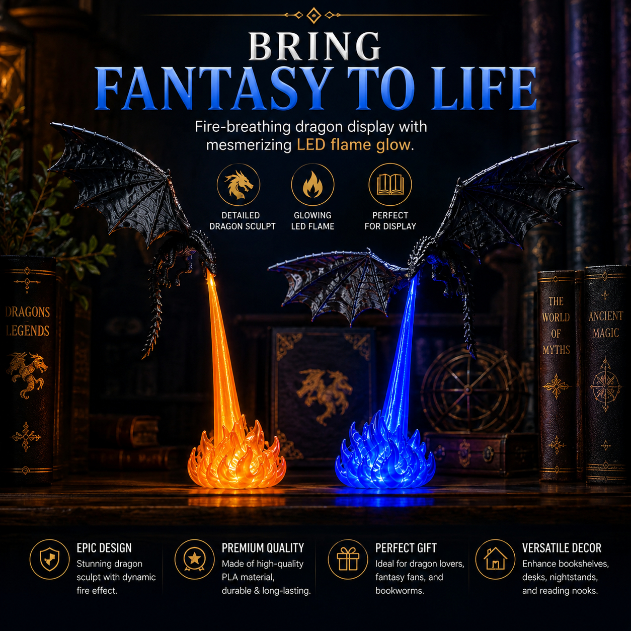 🔥 🐉| 3D Fire-Breathing Dragon LED Display – Fantasy Bookshelf Decor with Glowing Flame