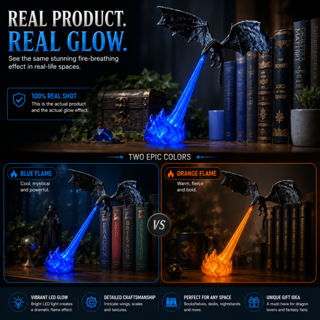 🔥 🐉| 3D Fire-Breathing Dragon LED Display – Fantasy Bookshelf Decor with Glowing Flame