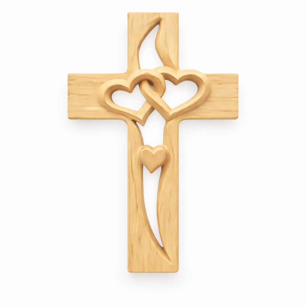 ❤️100% Hand-Carved Intertwined Hearts Wooden Cross✝️