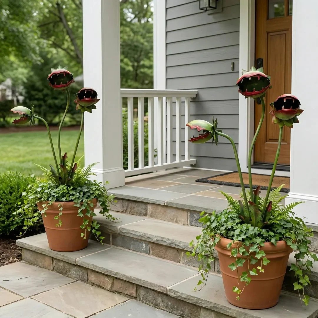 Whimsical Metal Venus Flytrap Garden Stake – Handcrafted Outdoor Carnivorous Plant Decor – Unique Gardening Gift