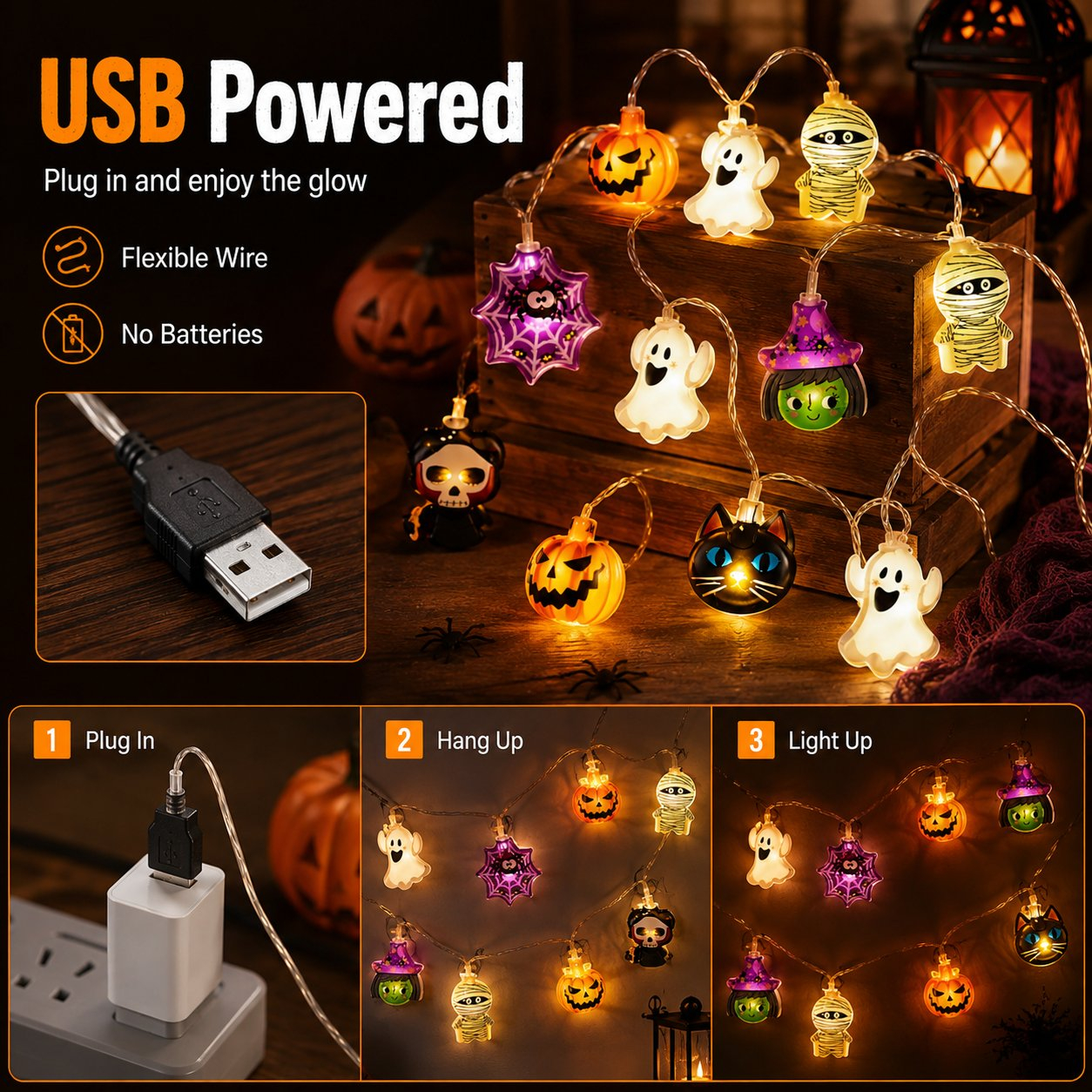 USB Pumpkin, Witch & Ghost LED String Lights