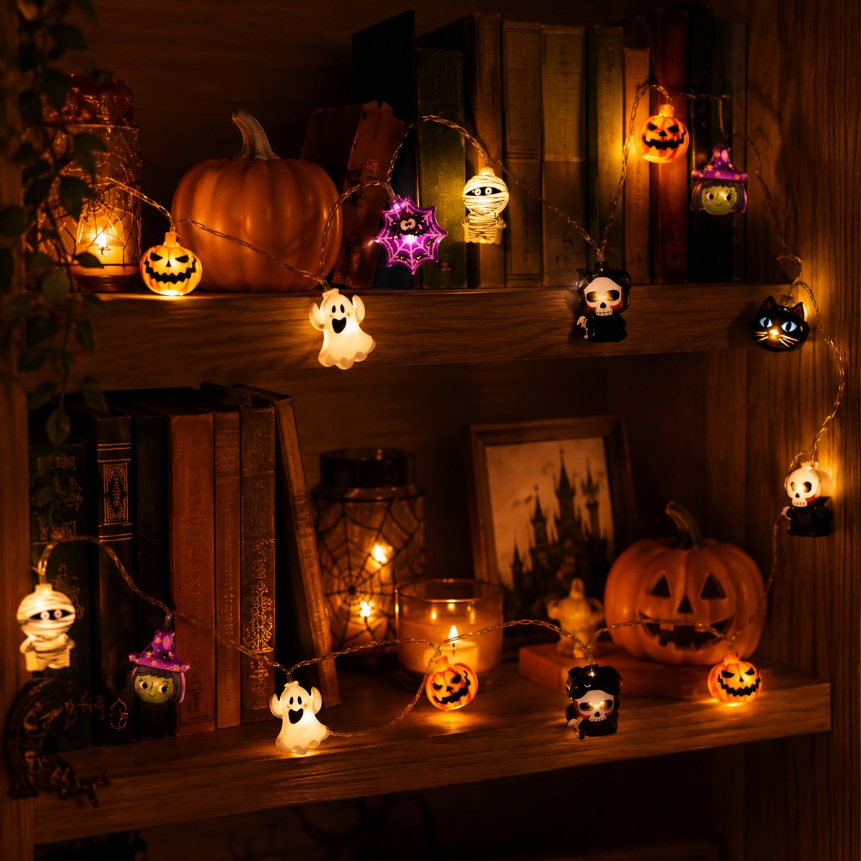 USB Pumpkin, Witch & Ghost LED String Lights