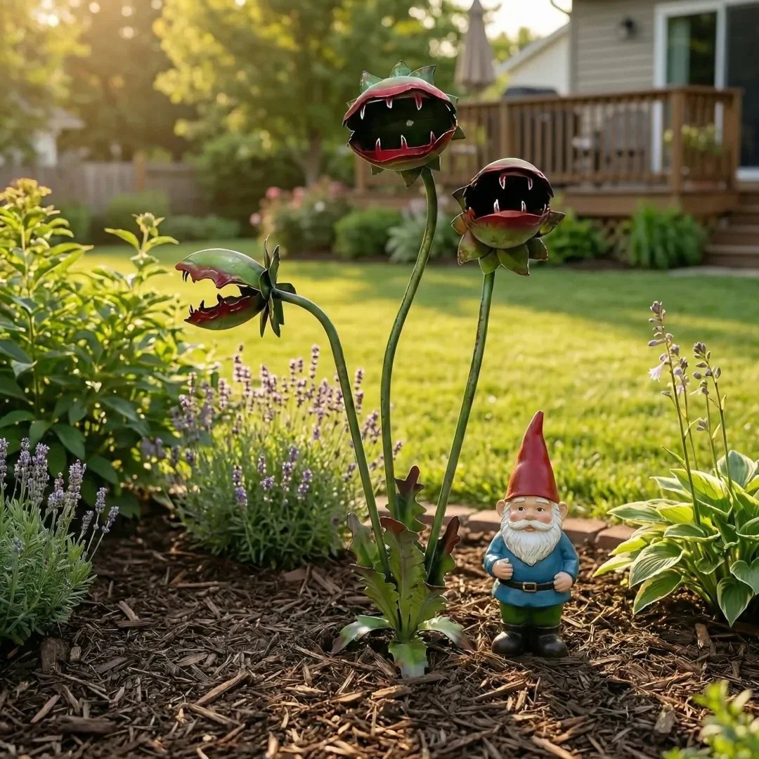 Whimsical Metal Venus Flytrap Garden Stake – Handcrafted Outdoor Carnivorous Plant Decor – Unique Gardening Gift