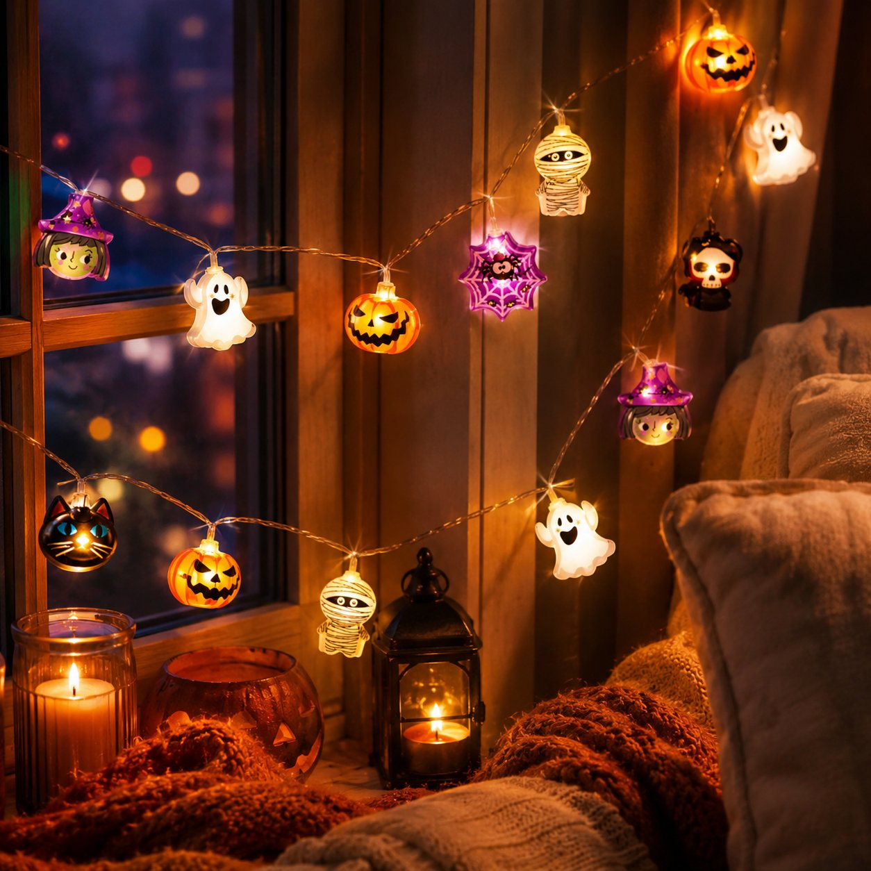 USB Pumpkin, Witch & Ghost LED String Lights