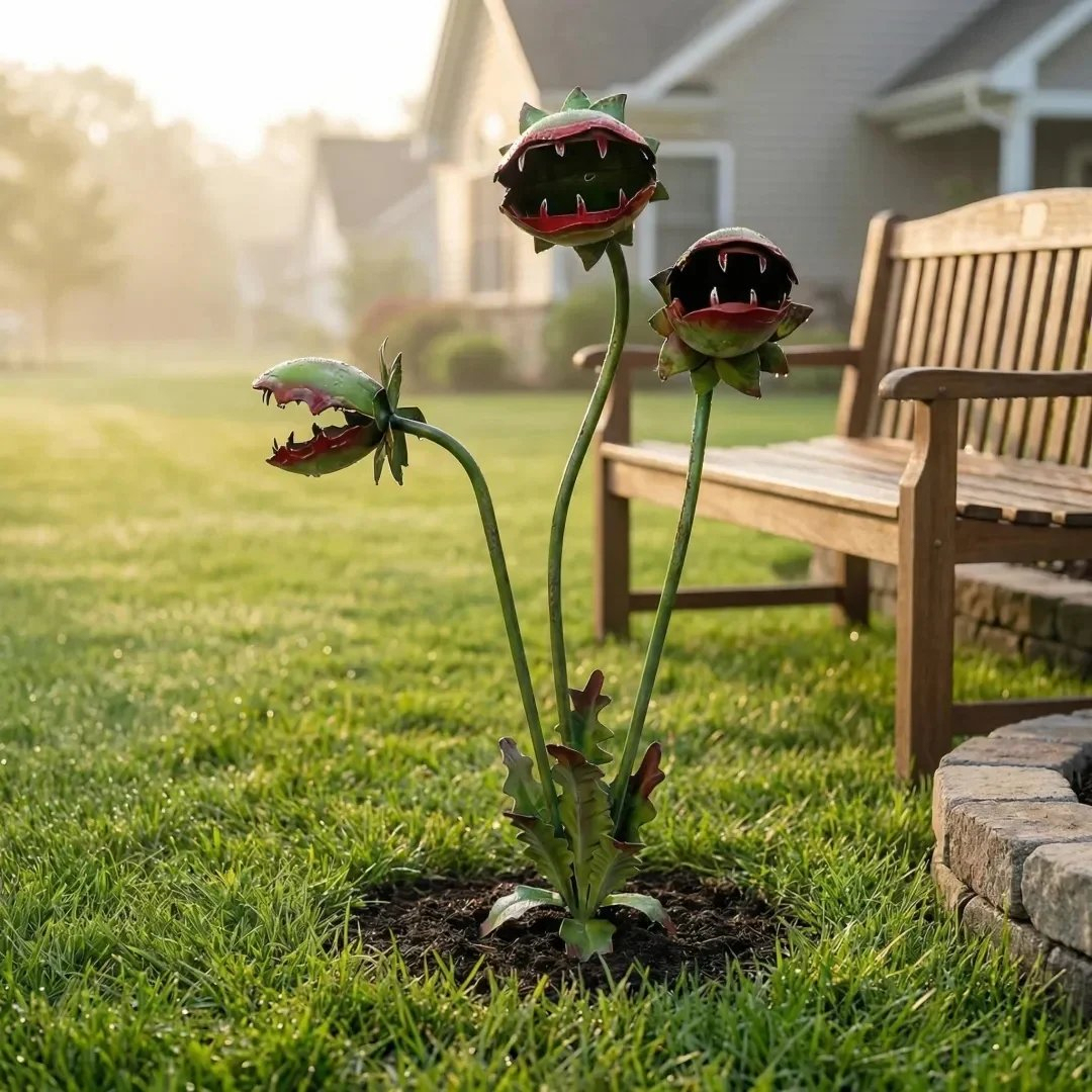 Whimsical Metal Venus Flytrap Garden Stake – Handcrafted Outdoor Carnivorous Plant Decor – Unique Gardening Gift