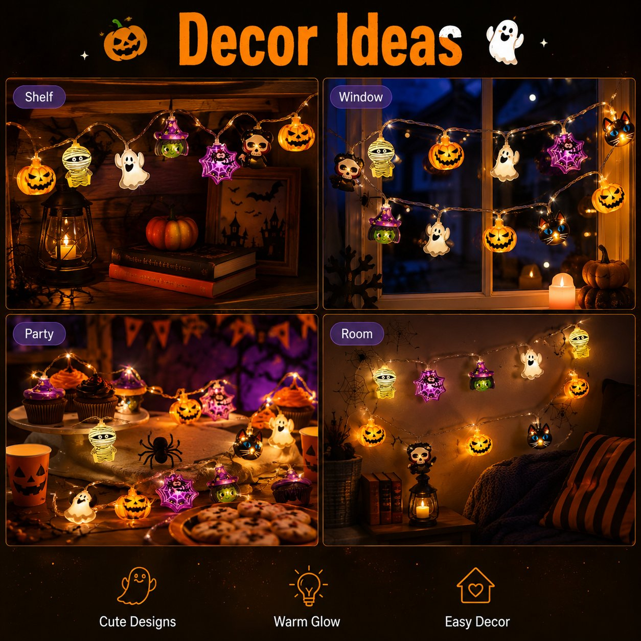 USB Pumpkin, Witch & Ghost LED String Lights