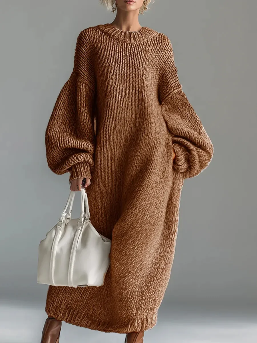 Elegant Urban Silhouette Round Neck Heathered Knitted Maxi Dress