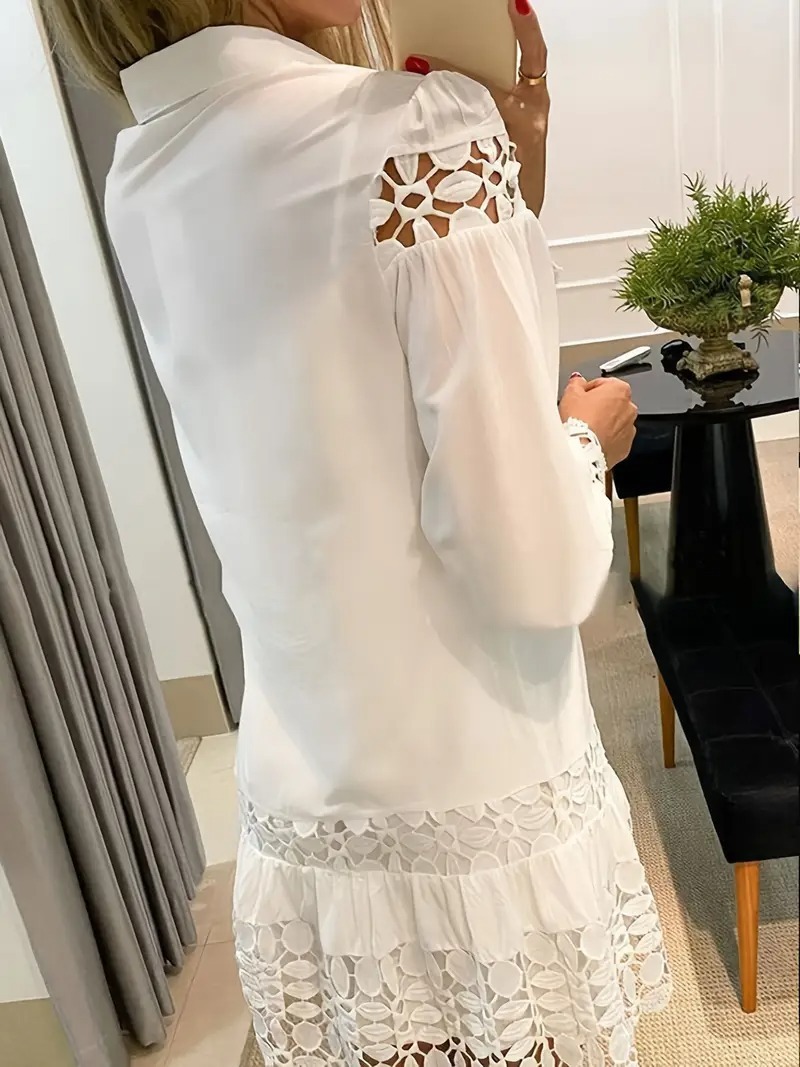 Elegant White Lace Dress for Women - Long Sleeve, Ruffled Hem, Eyelet Detailing, Perfect for Spring/Summer/Fall, Casual to Formal Wear, Polyester, Machine Washable