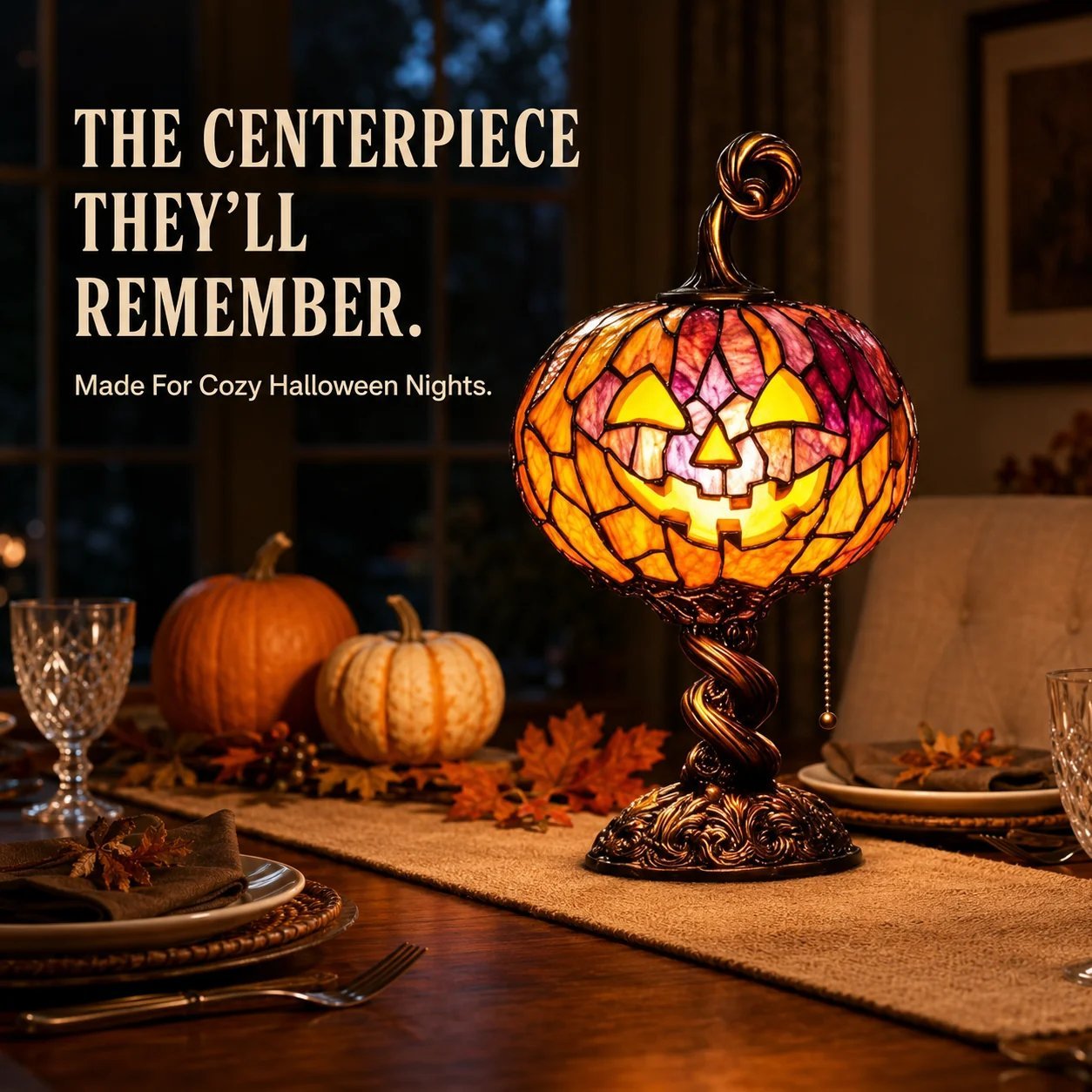 🔥HOT SALE🔥🎃 Halloween Pumpkin Glow Lamp – Vintage Stained-Glass-Style Table Light
