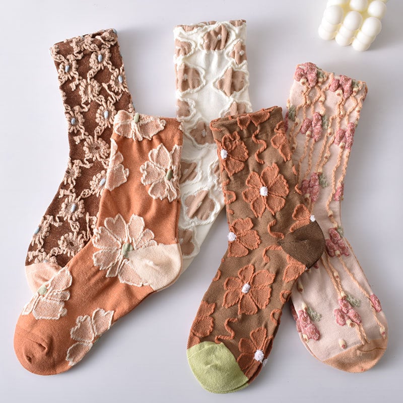 5 Pairs Women's Elegant Embossed Floral Cotton Socks
