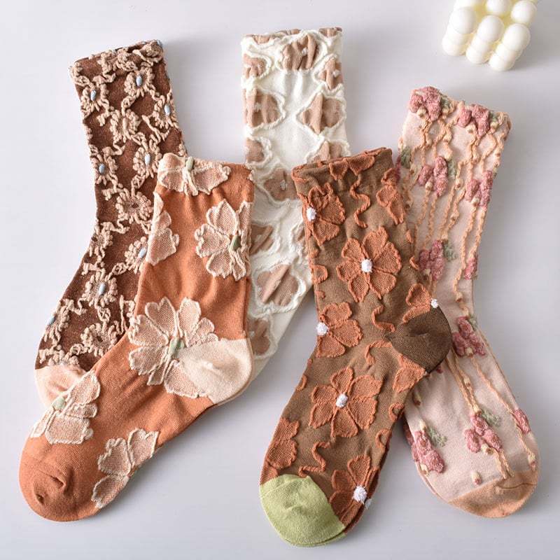 5 Pairs Women's Elegant Embossed Floral Cotton Socks