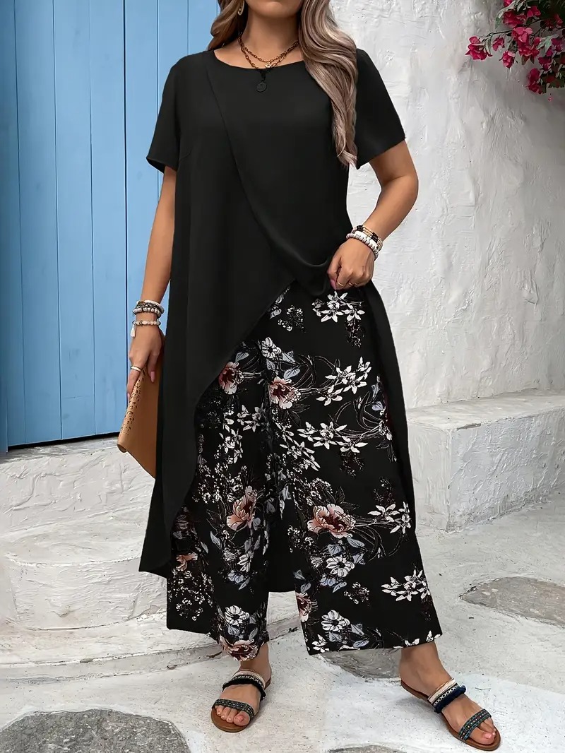 Ladies Plus Size Crew Neck Floral Short Sleeve Casual Pants Set