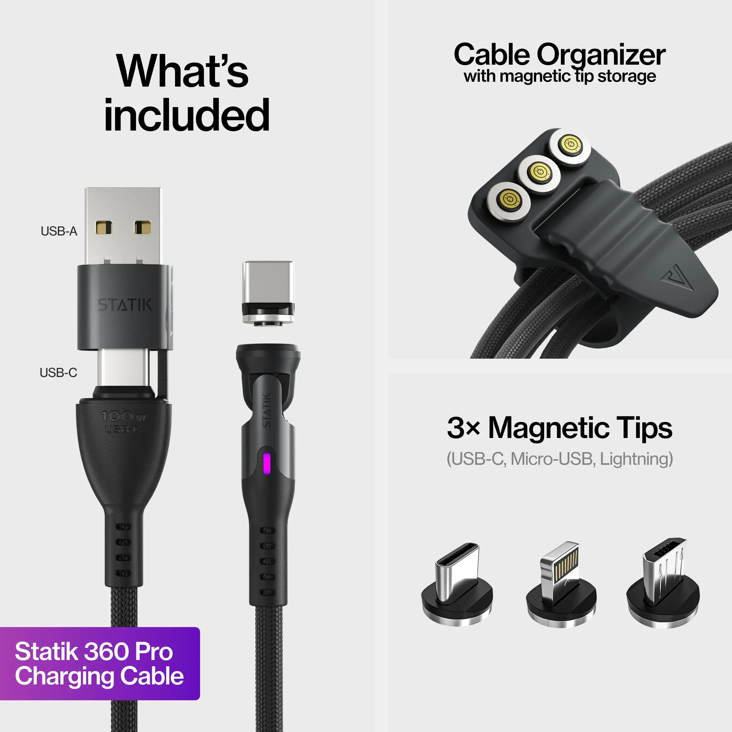 STATIK 360 Pro Cable: 5-in-1 Universal Magnetic Charging Cable | 100W | Fast Charge | 480Mbps Data Transfer | 360&deg; Rotating Head | Braided  Nylon