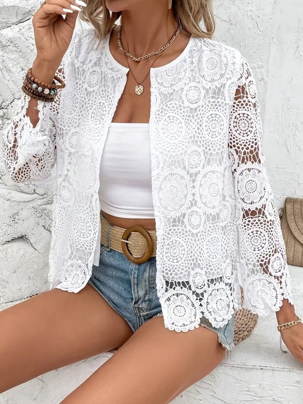Women's Elegant Lace Cardigan - Lightweight 100% Polyester Semi-Sheer Knit Top with Round Neck, Spring Layering Essential for Casual or Dressy Outfits