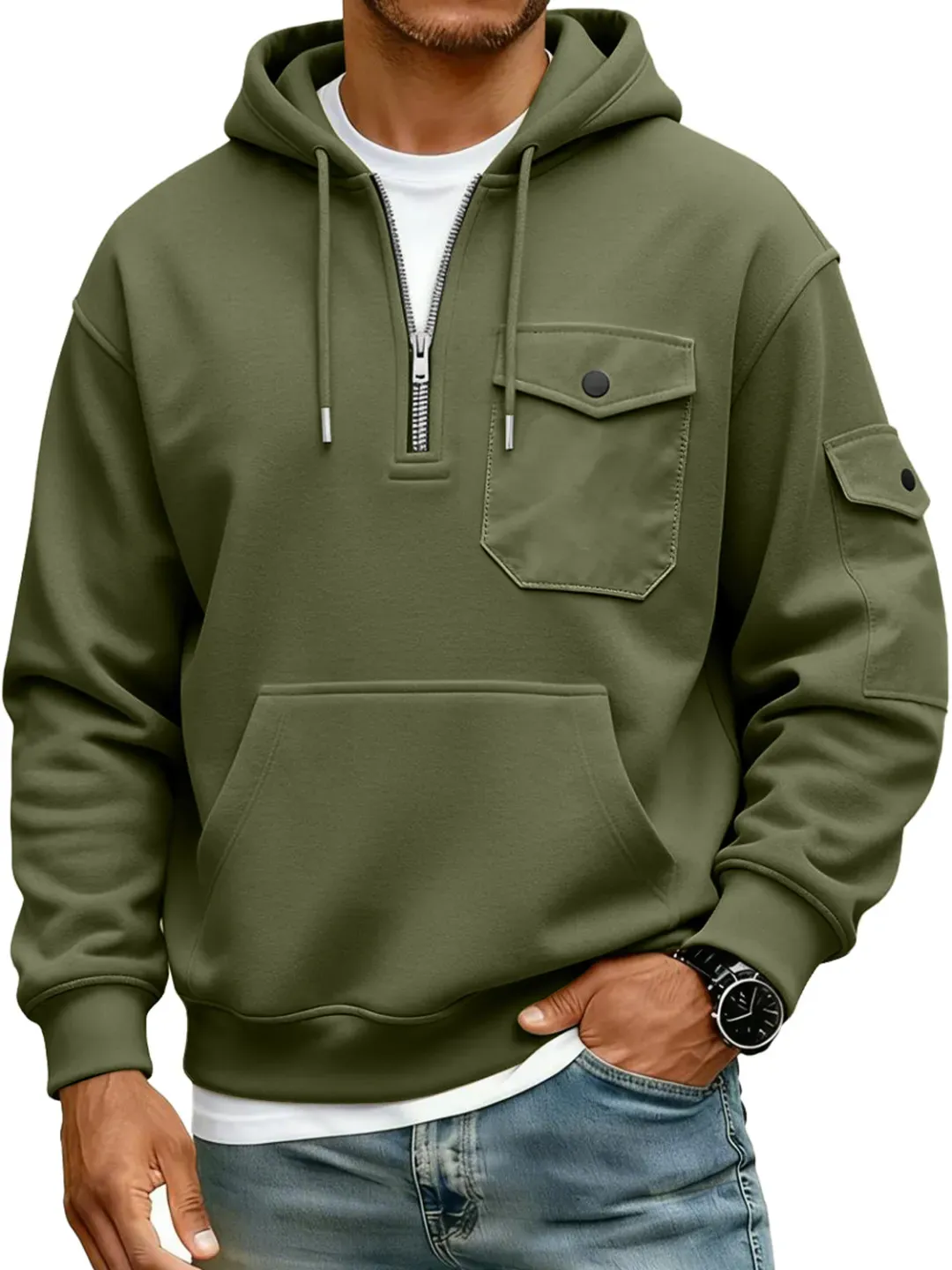 Men's Multi-Pocket Zipper Hooded Casual Workwear Sweatshirt