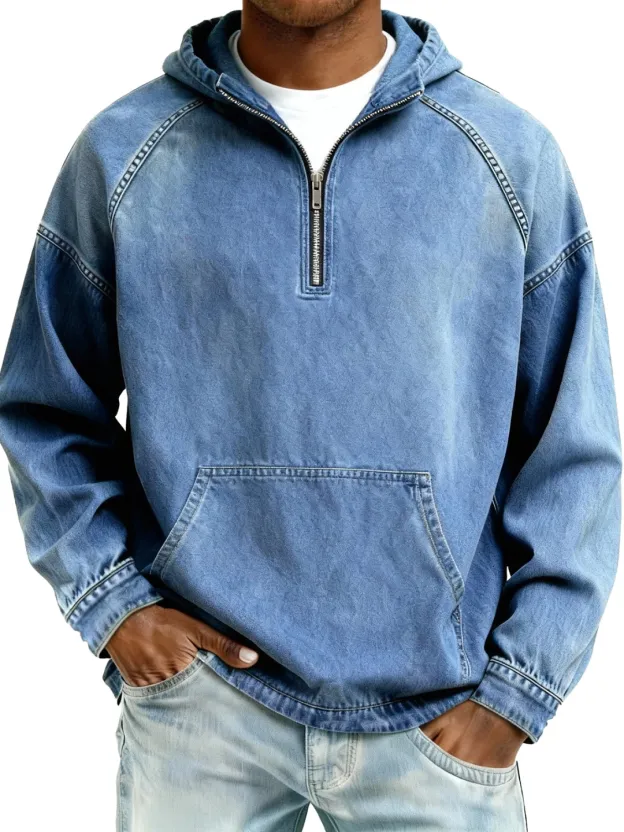 Men's Retro Distressed Raglan Sleeve Pocket Hooded Sweatshirt