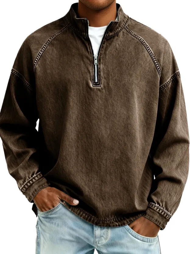 Men's Retro Distressed Raglan Sleeve Stand Collar Long-Sleeve Top