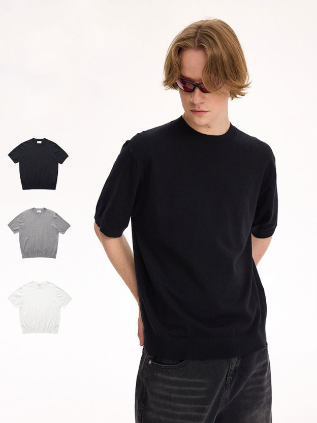 Old money style straight shoulder short sleeve T-shirt small high collar solid color knitted short sleeve for man and women
