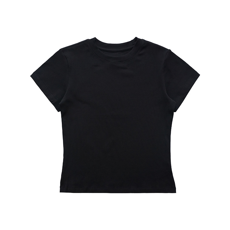 Shoulder slim fit Lycra cotton American style hot girl female skin-friendly solid color elastic basic top round neck short-sleeved T-shirt