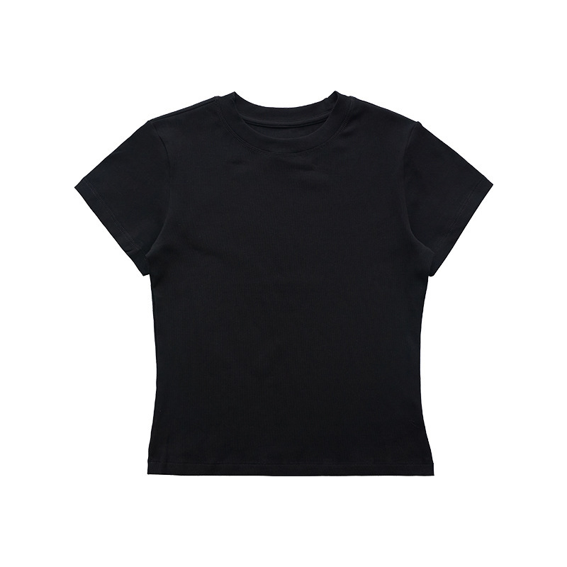 Shoulder slim fit Lycra cotton American style hot girl female skin-friendly solid color elastic basic top round neck short-sleeved T-shirt