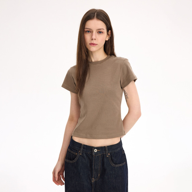 Shoulder slim fit Lycra cotton American style hot girl female skin-friendly solid color elastic basic top round neck short-sleeved T-shirt