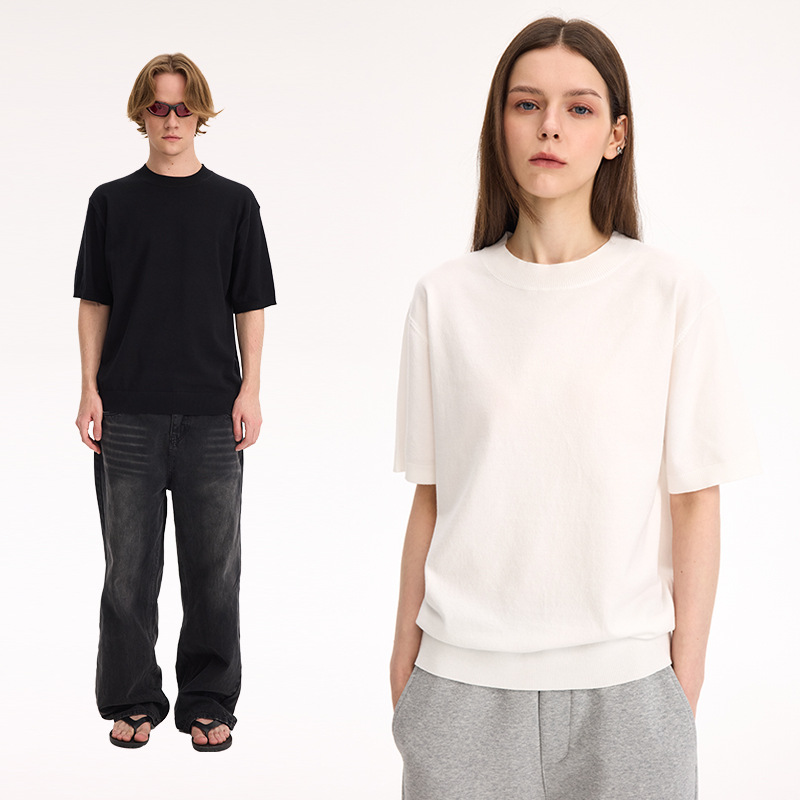 Old money style straight shoulder short sleeve T-shirt small high collar solid color knitted short sleeve for man and women