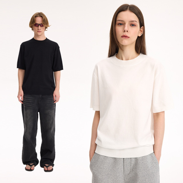 Old money style straight shoulder short sleeve T-shirt small high collar solid color knitted short sleeve for man and women