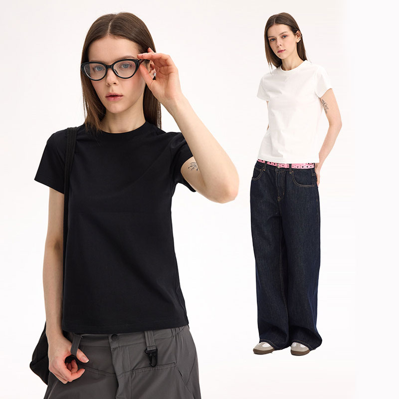 Shoulder slim fit Lycra cotton American style hot girl female skin-friendly solid color elastic basic top round neck short-sleeved T-shirt