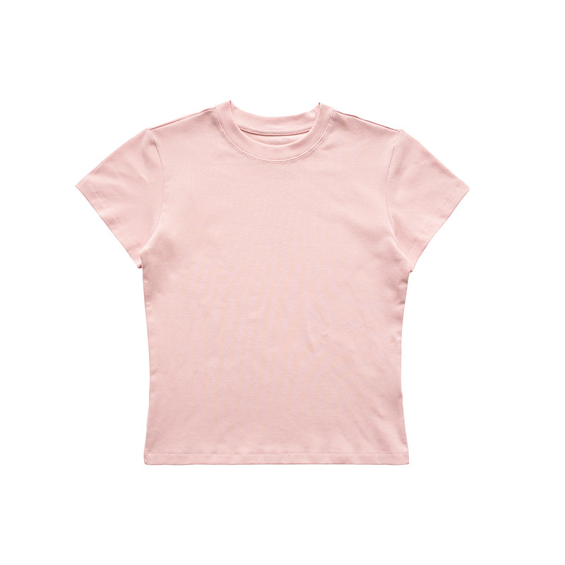 Shoulder slim fit Lycra cotton American style hot girl female skin-friendly solid color elastic basic top round neck short-sleeved T-shirt