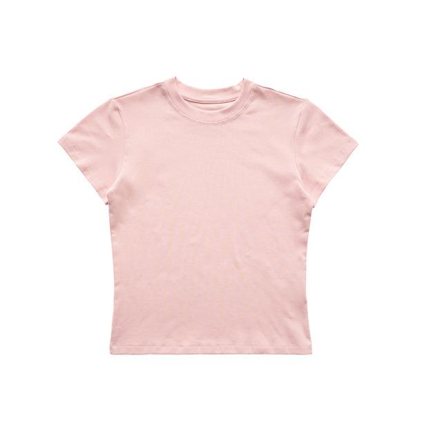 Shoulder slim fit Lycra cotton American style hot girl female skin-friendly solid color elastic basic top round neck short-sleeved T-shirt