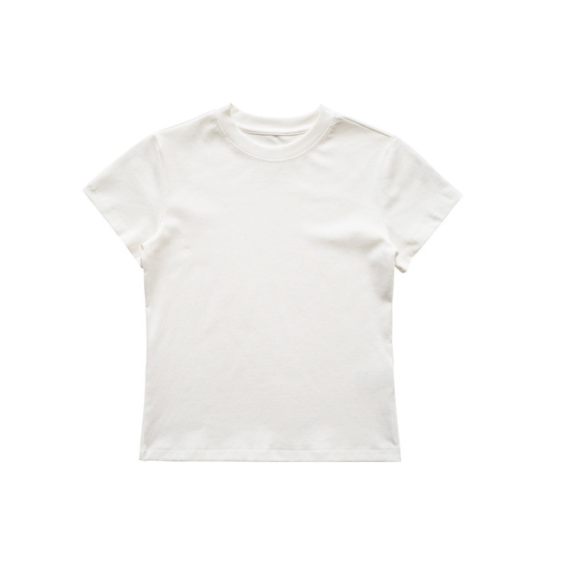 Shoulder slim fit Lycra cotton American style hot girl female skin-friendly solid color elastic basic top round neck short-sleeved T-shirt