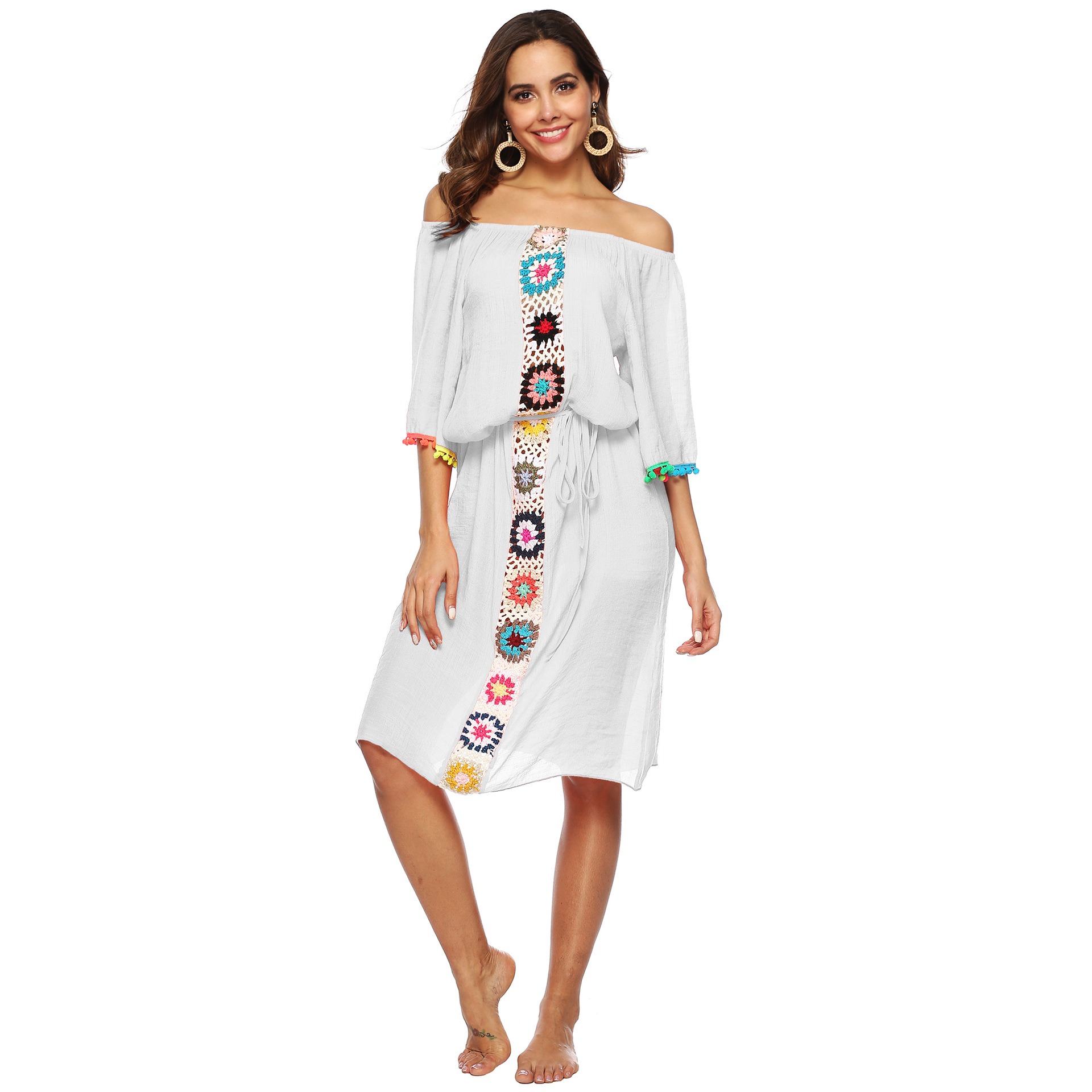 Hand-crocheted flower patchwork one-shoulder neckline with belt beach dress