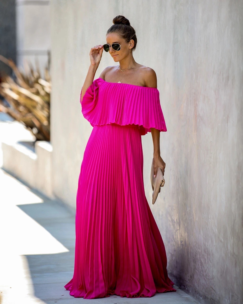 Off-shoulder pleated chiffon dress