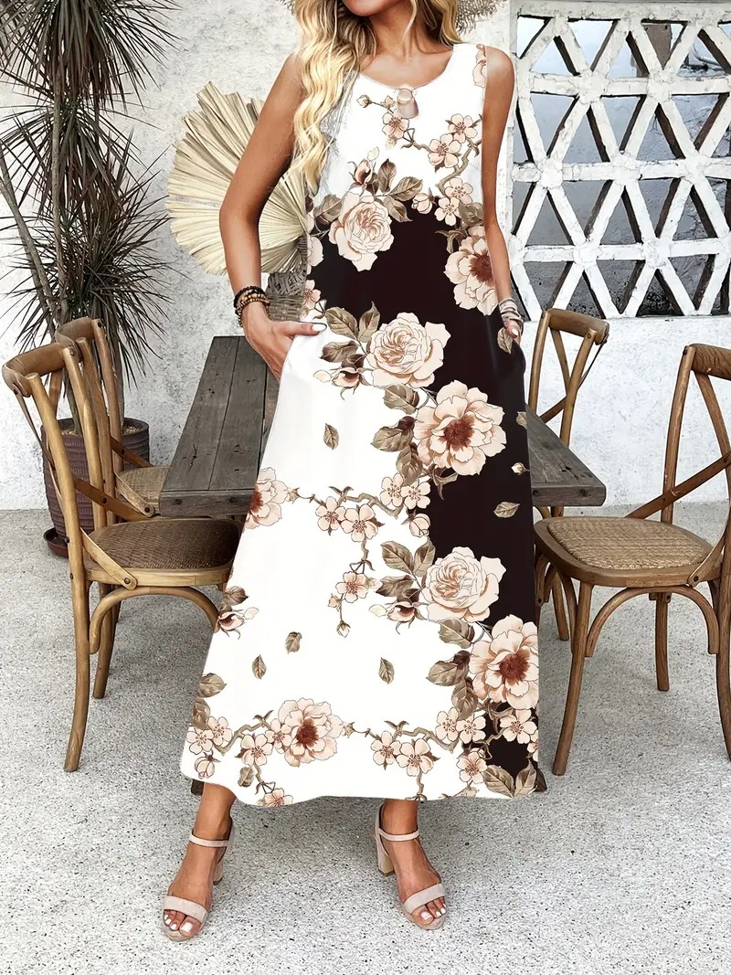 Summer Long Floral Print Pocket Waist Dress