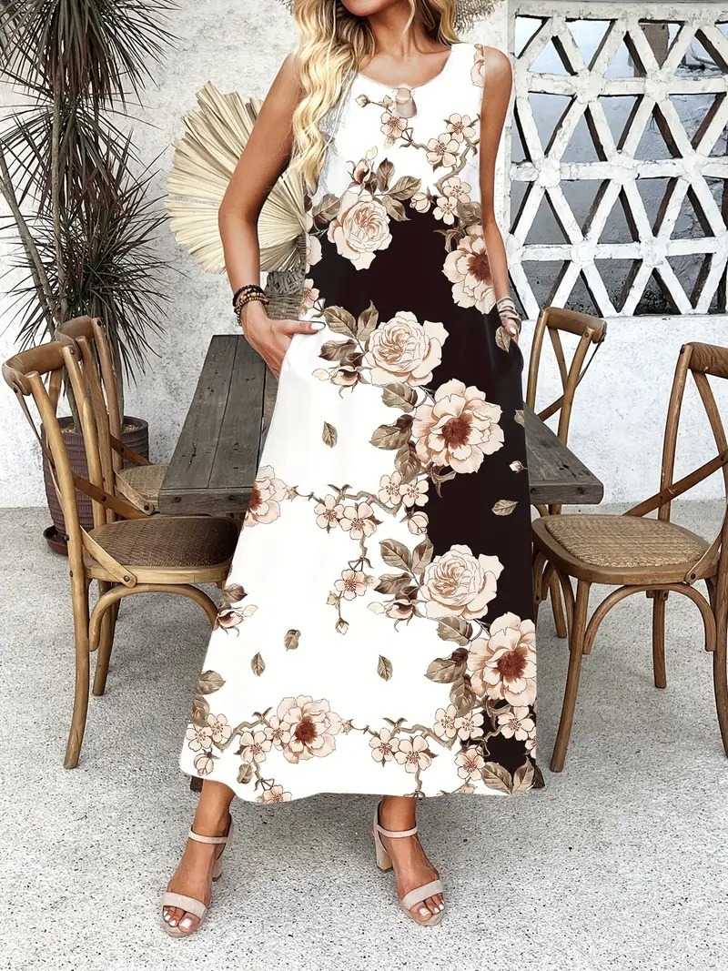 Summer Long Floral Print Pocket Waist Dress