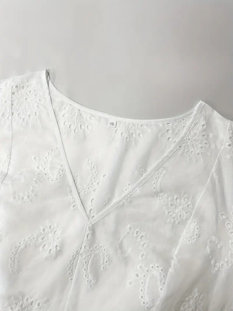 Women'S Plus Size Black Lace Long Sleeve V-Neck Blouse - Sexy Hollow-Out Design, Flared Bell Sleeves, Casual Summer Shirt for Vacation or Casual Attire, Versatile Blouse | Lace Detailing Shirt | Nonstretch Fabric