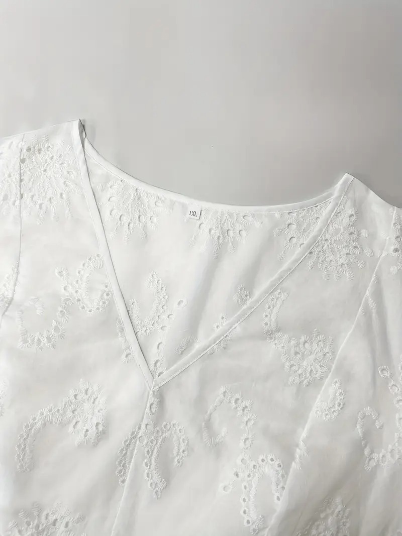 Women'S Plus Size Black Lace Long Sleeve V-Neck Blouse - Sexy Hollow-Out Design, Flared Bell Sleeves, Casual Summer Shirt for Vacation or Casual Attire, Versatile Blouse | Lace Detailing Shirt | Nonstretch Fabric