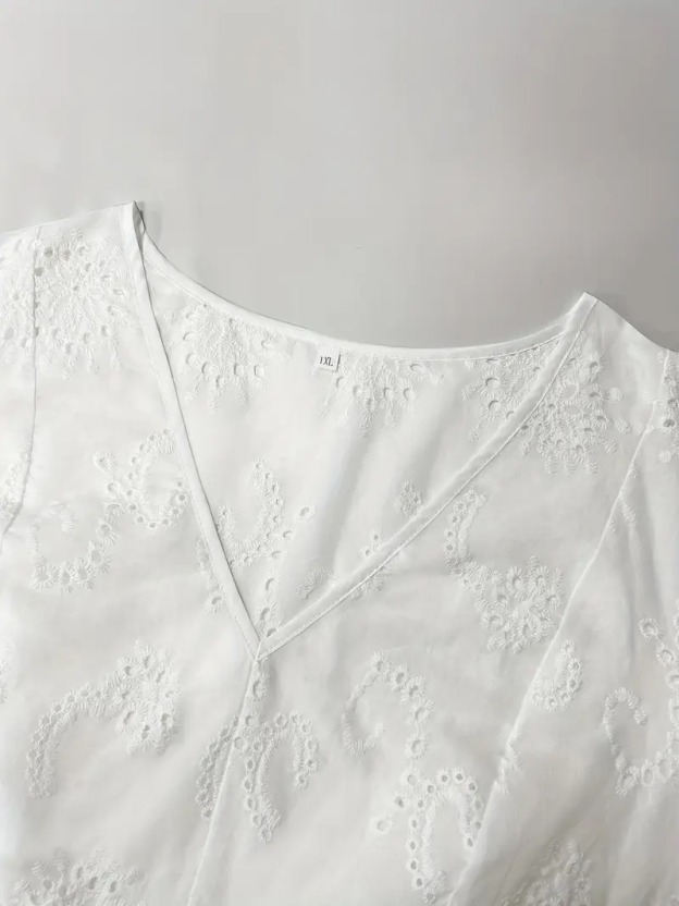 Women'S Plus Size Black Lace Long Sleeve V-Neck Blouse - Sexy Hollow-Out Design, Flared Bell Sleeves, Casual Summer Shirt for Vacation or Casual Attire, Versatile Blouse | Lace Detailing Shirt | Nonstretch Fabric