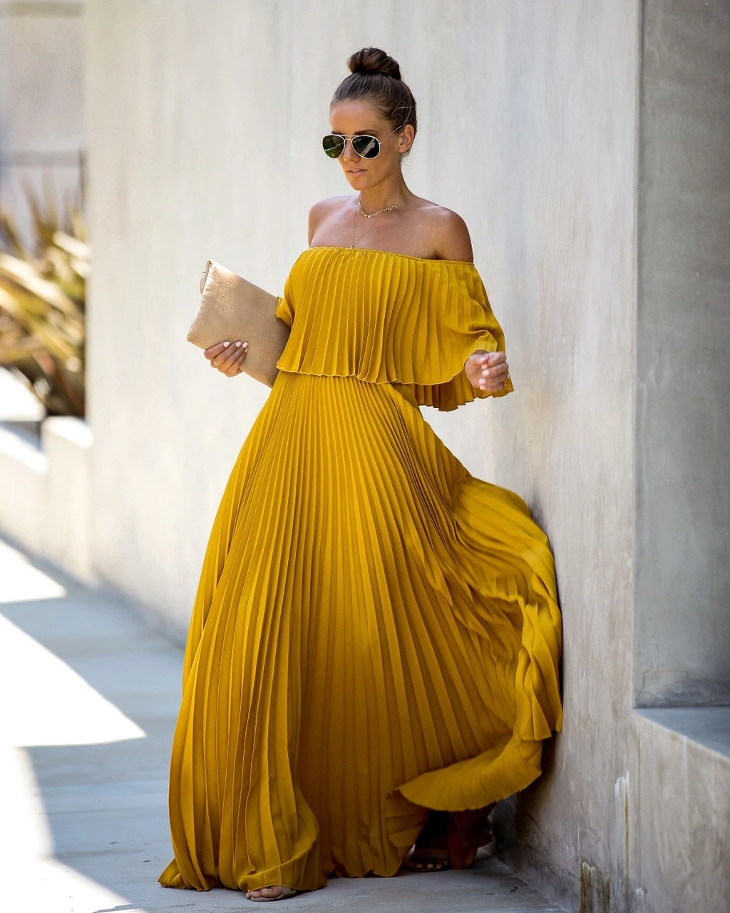 Off-shoulder pleated chiffon dress