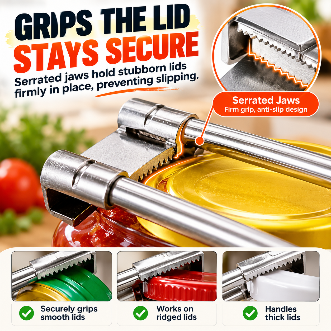 Serrated stainless steel jaws securely gripping jar lid