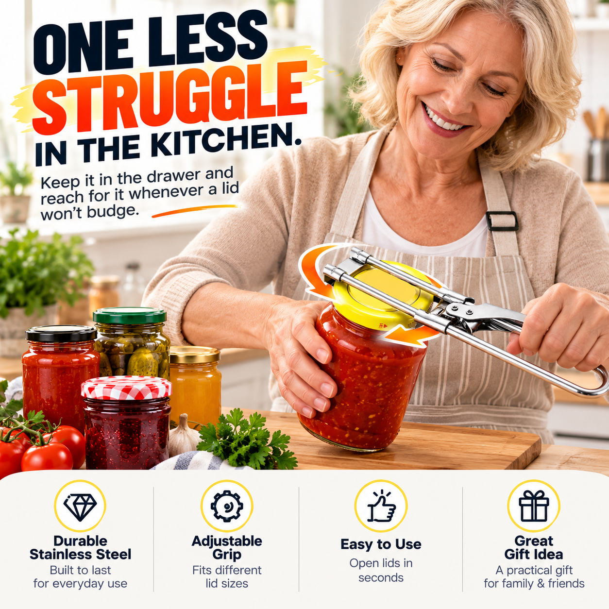 Stainless steel jar opener for everyday kitchen jars