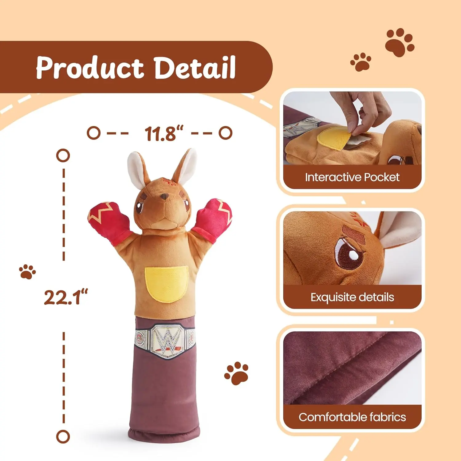 PURETOY Rumble Roo Cat Wrestling Toy, 22-Inch Kangaroo Puppet with Catnip Pouches & Treat Pocket, Reinforced Protective Glove for Kicking & Kicks, Bonding Toy for Cats of All Ages