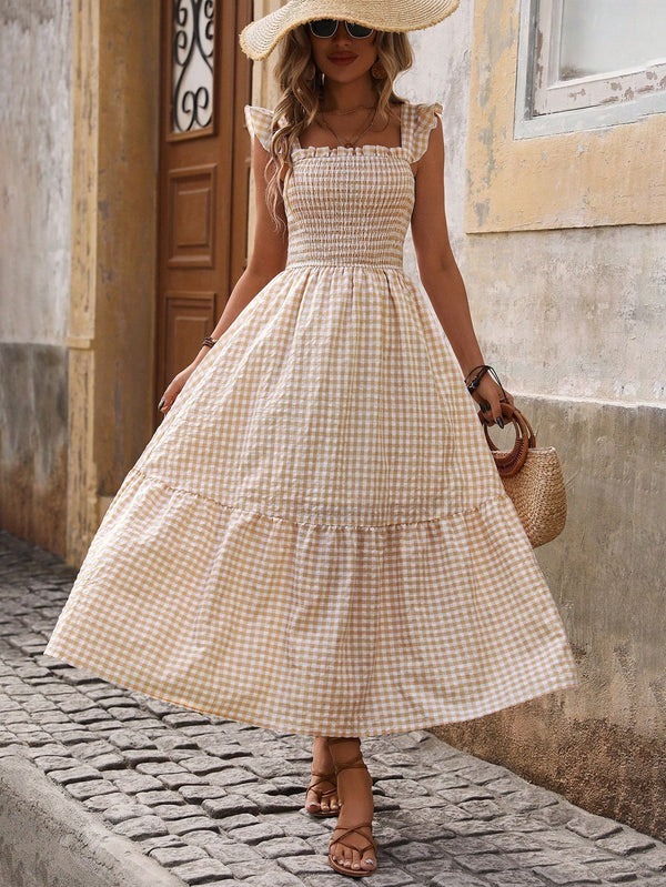 Plaid suspender elastic wide swing dress